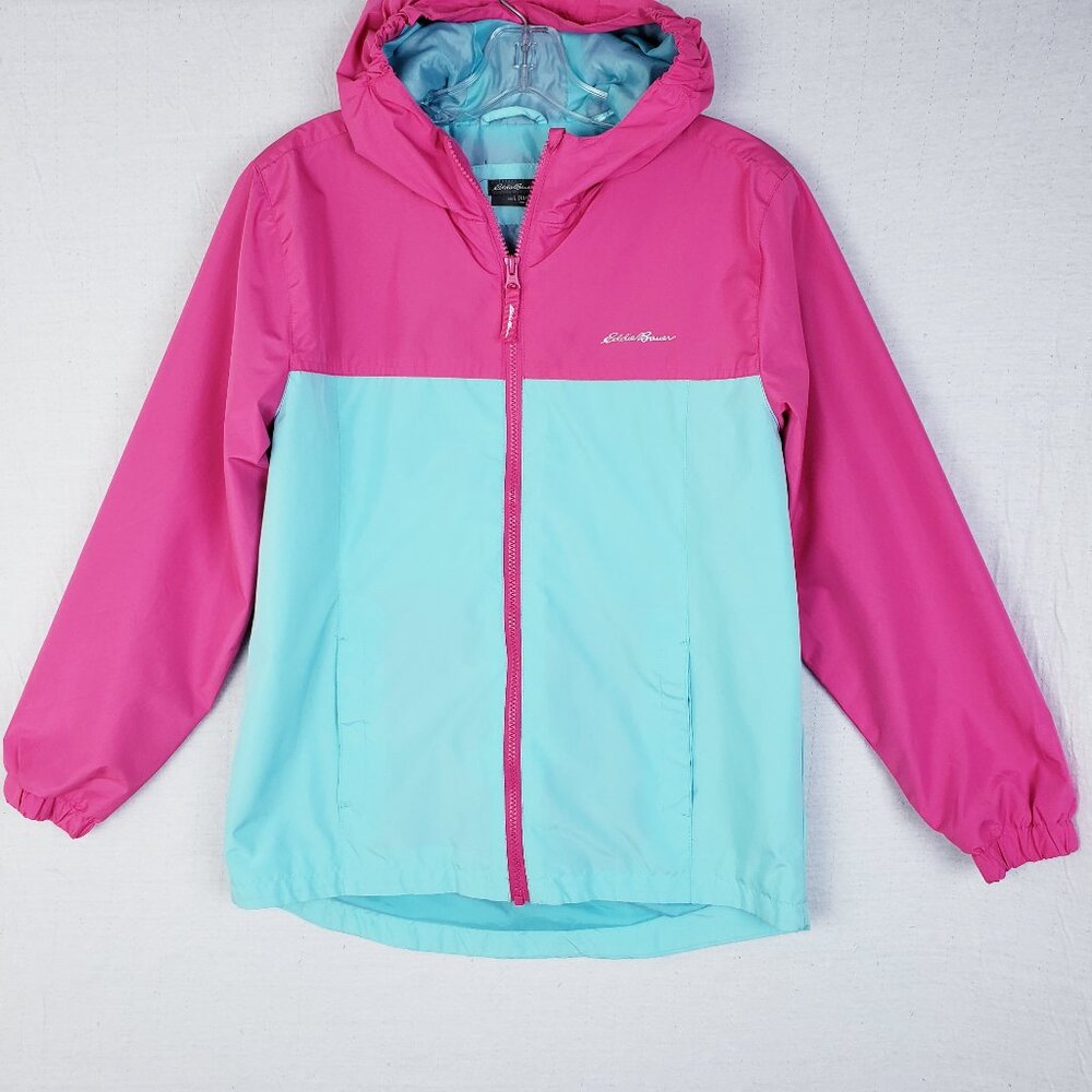NWOT Eddie Bauer Windbreaker Jacket Full Zip Hooded Pink Blue size L Kids